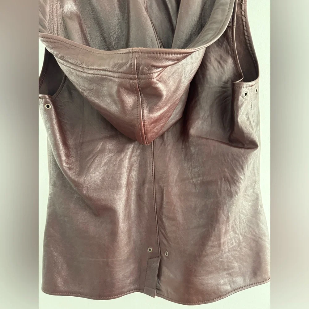 Women's Brown Leather Vest with Hood - Picture 6 of 8